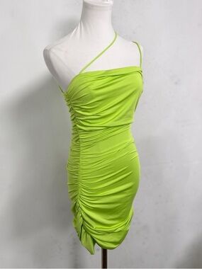 SUPERDOWN Neon Lime Ruched Mini Dress One Shoulder Bodycon M